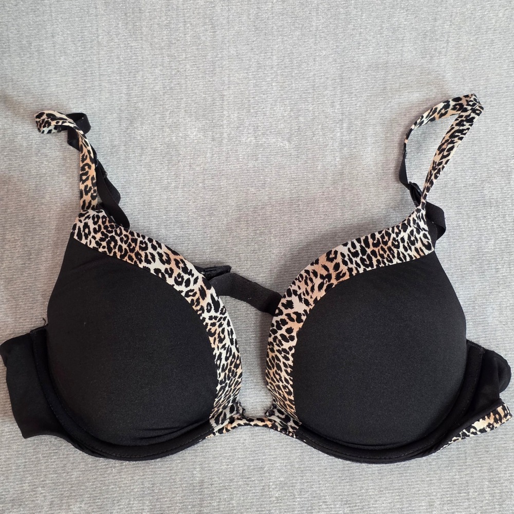 Victoria's Secret Womens Push-Up Bra Leopard Print Trim Black 34B Cheetah Chic